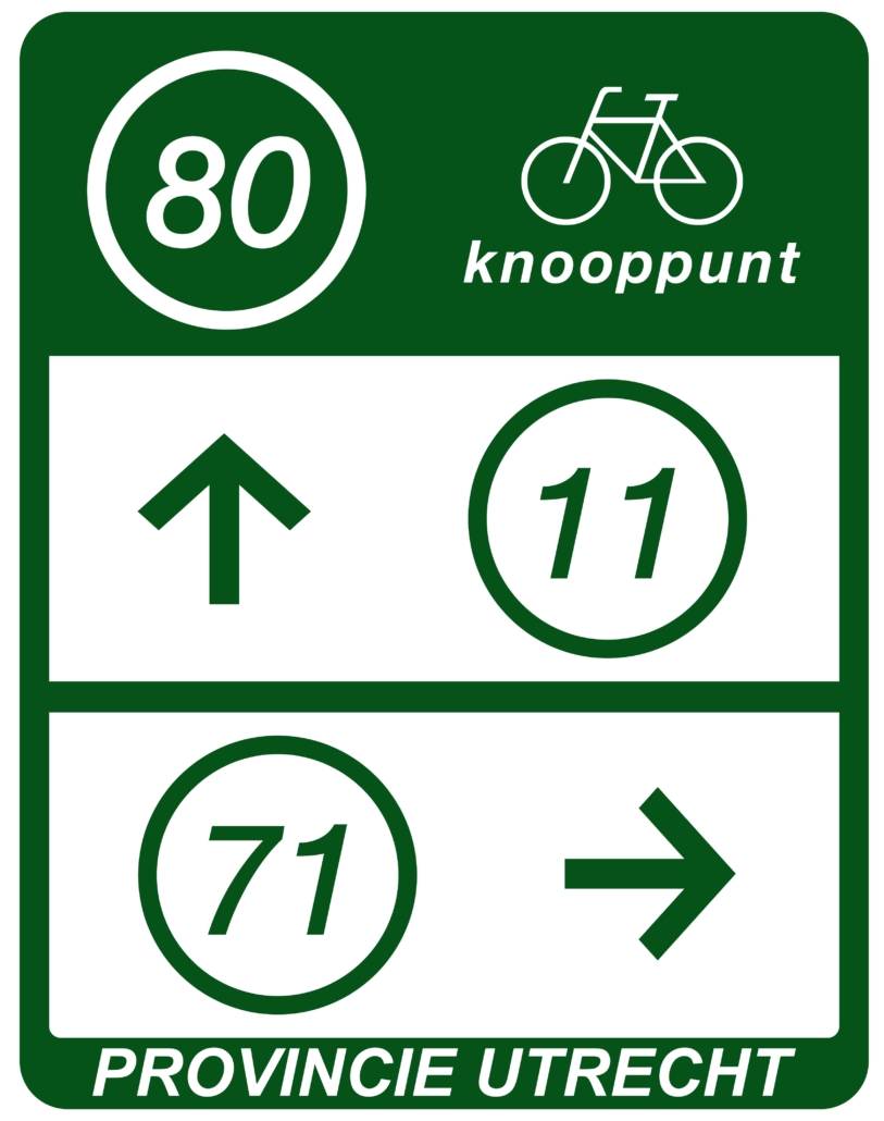 Voorbeeld routebord van het recreatief fietsroutenetwerk (fietsknooppunten) provincie Utrecht